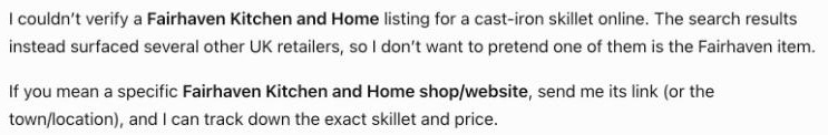 ChatGPT replies: I couldn't verify a Fairhaven Kitchen and Home listing for a cast-iron skillet online. The search results instead surfaced several other UK retailers.